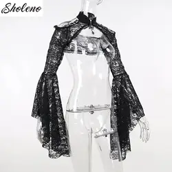 Vintage Gothic Lace T-shirt Women Flare Sleeve See Through Sexy Shrug Crop Tops for Halloween Theme Party Masquerade Performance