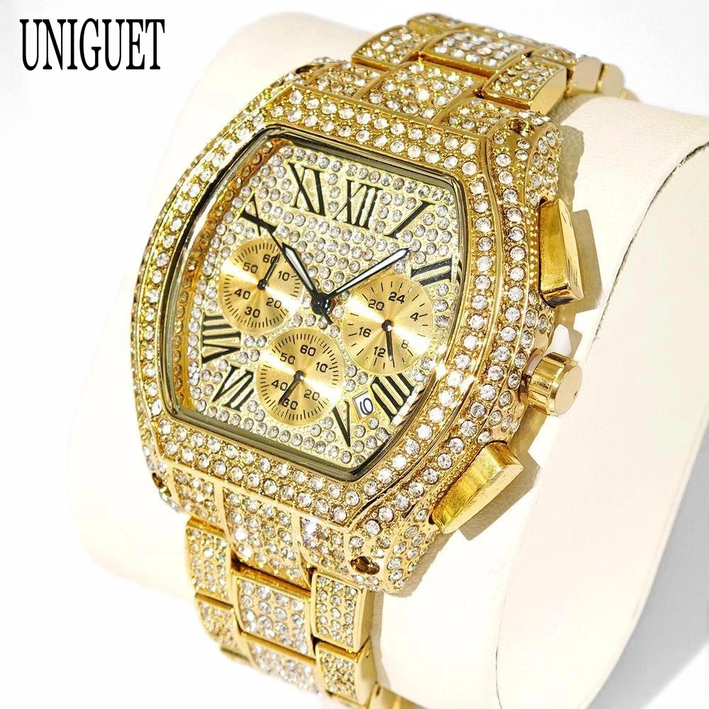 

Luxury Gold Watches Men Brand UNIGUET Fashion Waterproof Quartz Clock Male Hip Hop Ice Diamond Tonneau Wristwatch Dropshipping ﻿