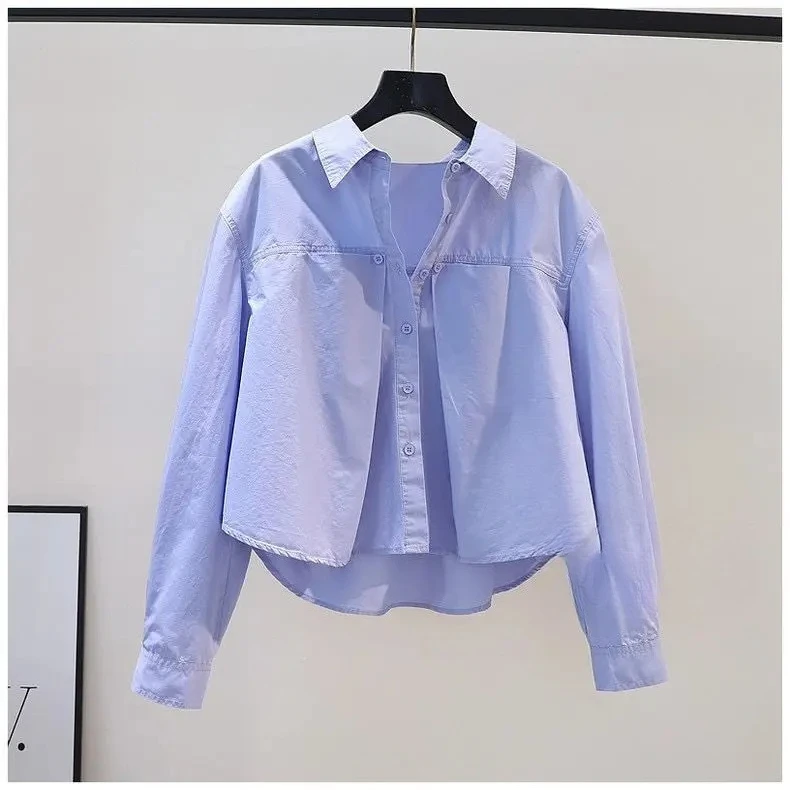 

Короткая плиссированная рубашка Design Sense, женская синяя свободная хлопковая рубашка с длинными рукавами, новый топ на весну/лето XQ632