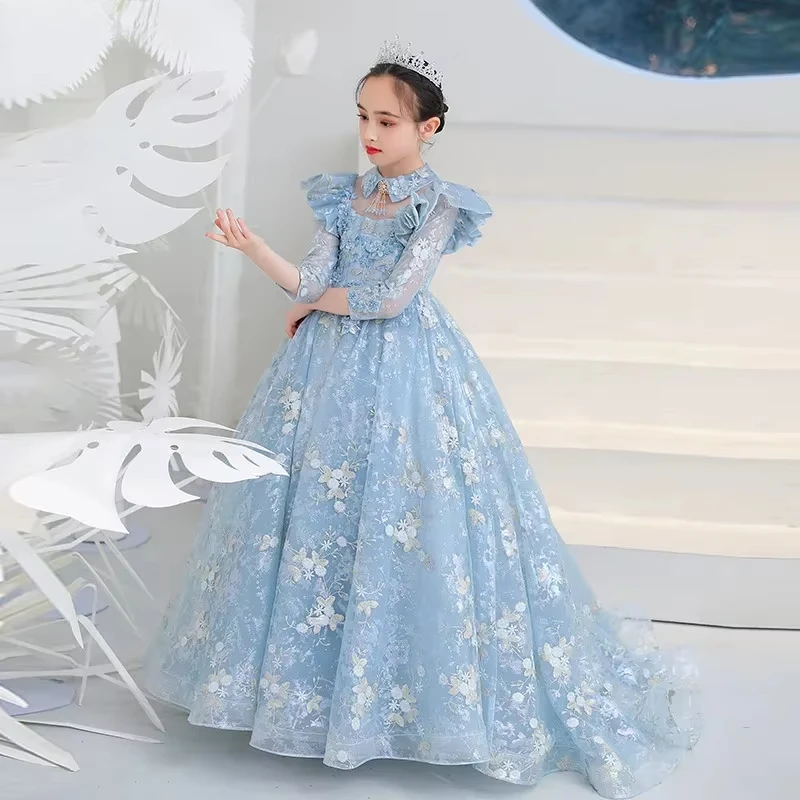 Flower Wedding Embroidery Dresses Girls First Communion Dress Kid Piano Performance Vestido Children Elegant Pageant Ball Gown