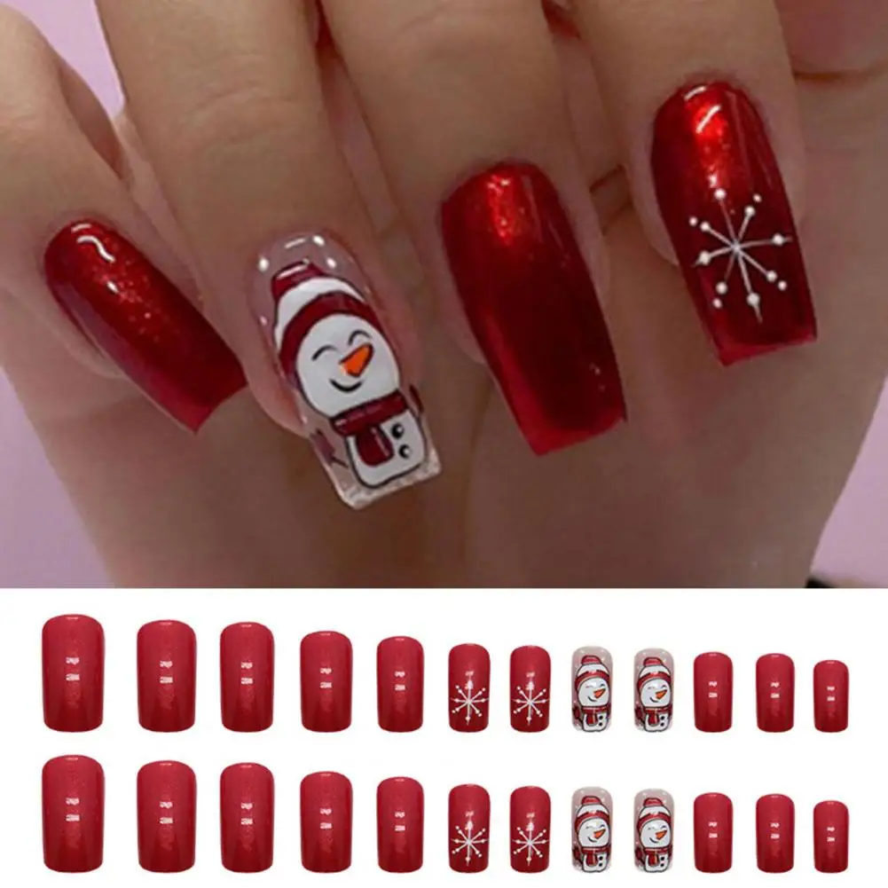 24Pcs Cute Christmas Snowman Nails Long-lasting Safe Stylish Medium-length Square Shape Ins Style Fake Nails