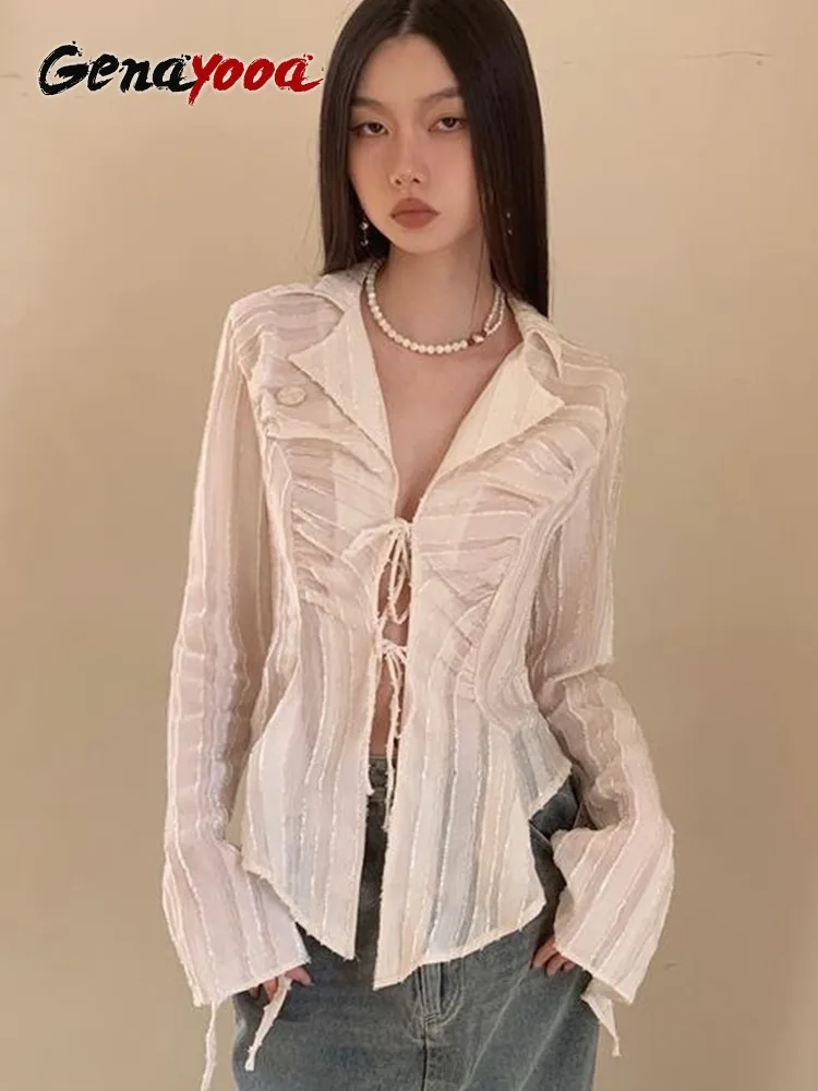 Genayooa Fairycore Lace Up Blouse Women Long Sleeve Spring 2023 New Turn-down Collar Women Shirt Ladies Tops Korean Fashion