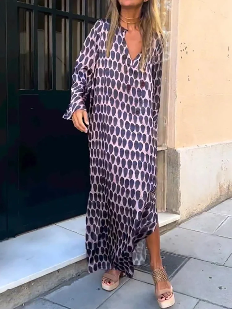 Geometric Print Maxi Dress Women Summer Fashion V-neck Long-sleeved Long Dress Female Vintage Casual Loose Ankle-length Robe New