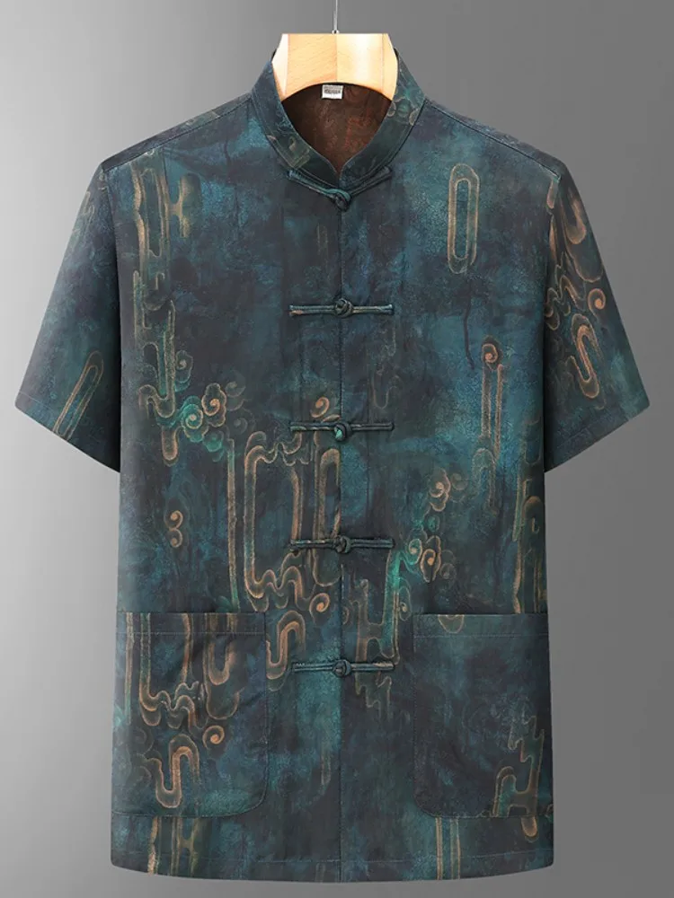 

Ele ort Sve Silk irt for Men New Chinese Sle Xiangyun Silk Top Summer Faion Dad Clothes Fre And Cool Design