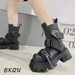 BKQU Thick-soled Female 2024 Locomotive New Square Head Combination Color Increase Ankle Boots To Increase Muffin Bottom