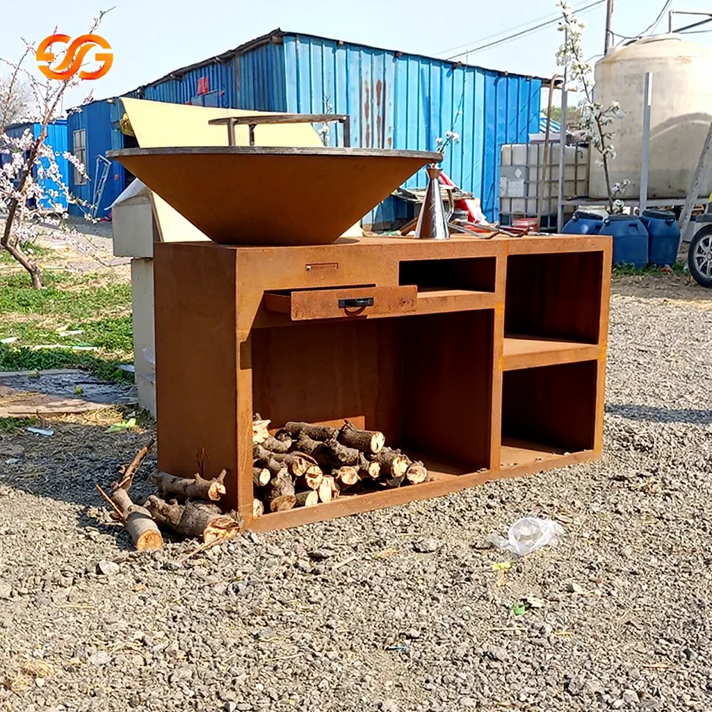 Modern Corten Steel BBQ Grill with Trolley-Weather Resistant Outdoor Fire Grill for Garden Use