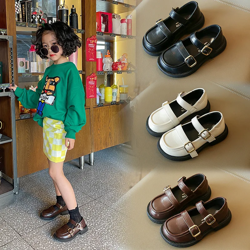 

2024Spring and Autumn New Children's Leather Shoes Boys Metal Buckle Loafers Girls Soft Bottom Casual Shoes Fashion