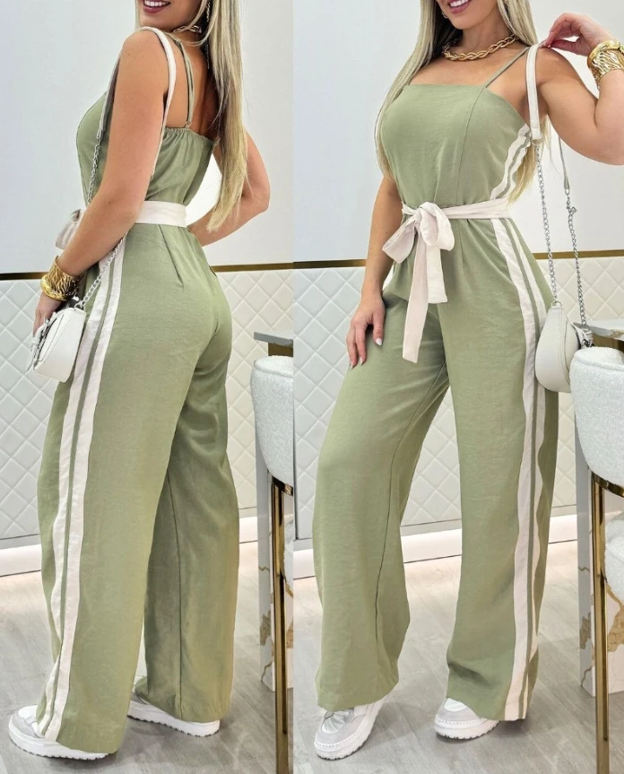 Elegant Jumpsuit for Woman Streetwear Summer 2025 New Fashion Vertical Striped Solid High Waist Sleeveless Conjoined Body Pants
