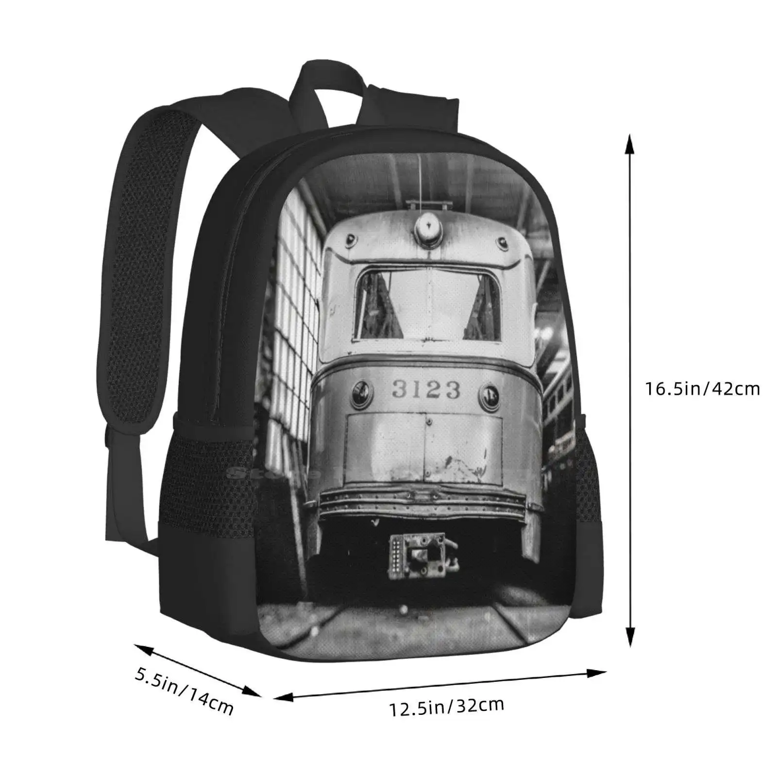 Vintage Streetcar Trolley 1219 Pattern Design Bag Student'S Backpack Trolley Vintage Film Lomo Black And White Bw Old