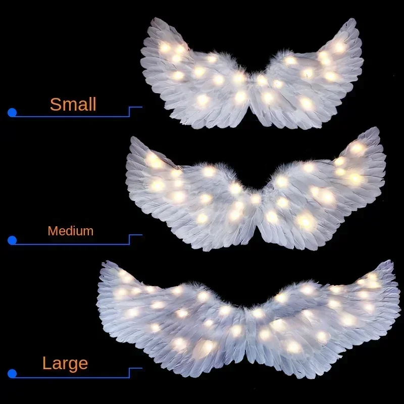 Adult Children LED Light Up Flashing White Feathers Angel Wings Performance Props Stage Shows Christmas