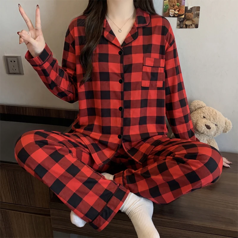 Spring and Autumn Women's Pajamas Classic Checkered Christmas Long Sleeve Home Clothes Set Ladies Sleepwear Homewear Soft Casual