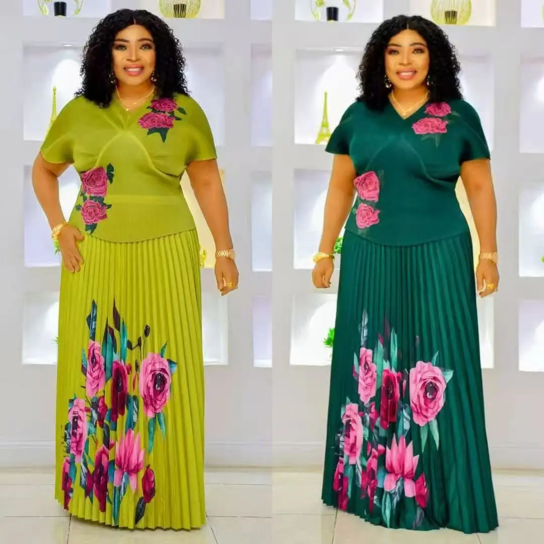 طقم تنورة مياكي مكون من قطعتين بأكمام تشبه جناح الخفّاش، تنورة مطوية، طباعة زهور، رقبة على شكل حرف V، أكمام قصيرة، ملابس نسائية بمقاسات كبيرة، طراز أوروبي وأمريكي، مقص الخصر #1