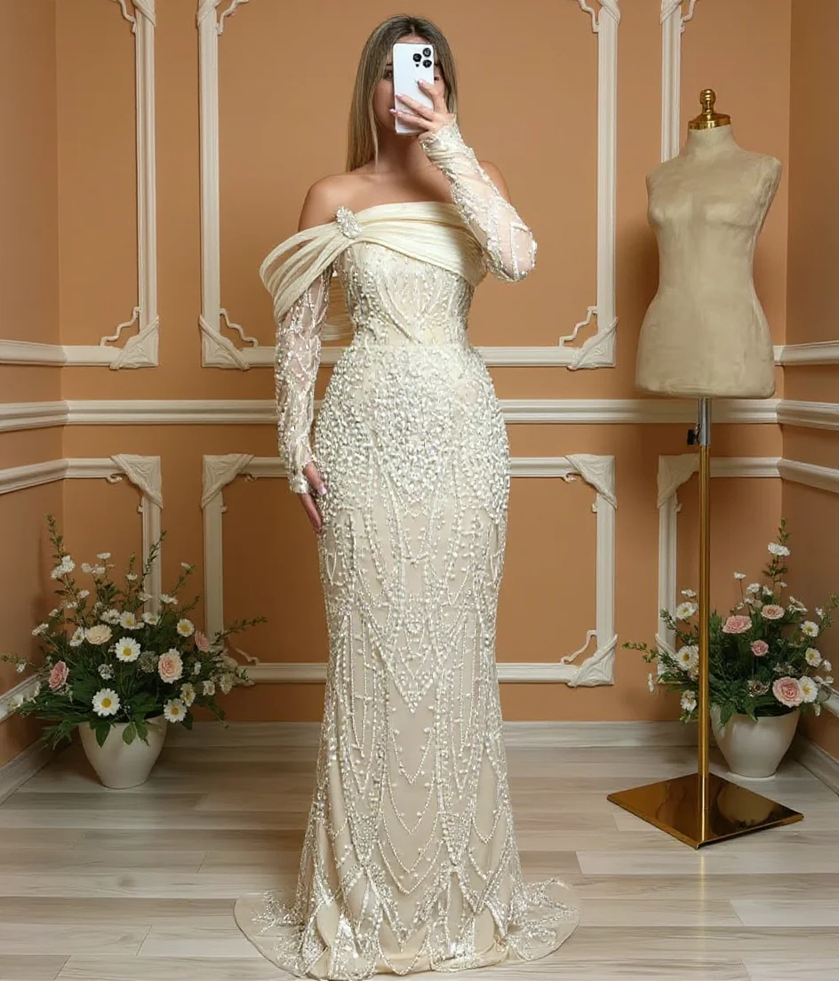

FATAPAESE Luxury Prom Dresses 2026 Wedding Guest Dress Pearls Beads Long Sleeve Evening Dress for Party فساتين سهرة