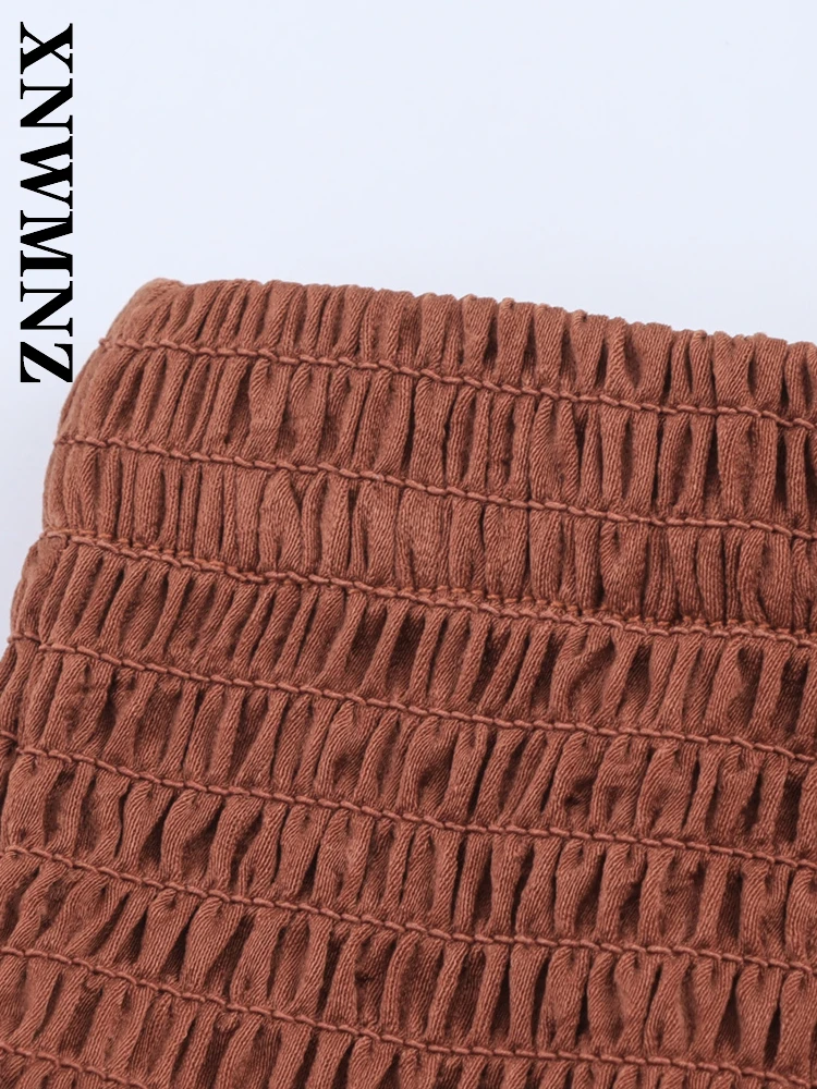 XNWMNZ 2025 verano mujer club moda banda elástica falda con gradas pantalones Sexy señora marrón empalme pantalones cortos Chic cintura alta