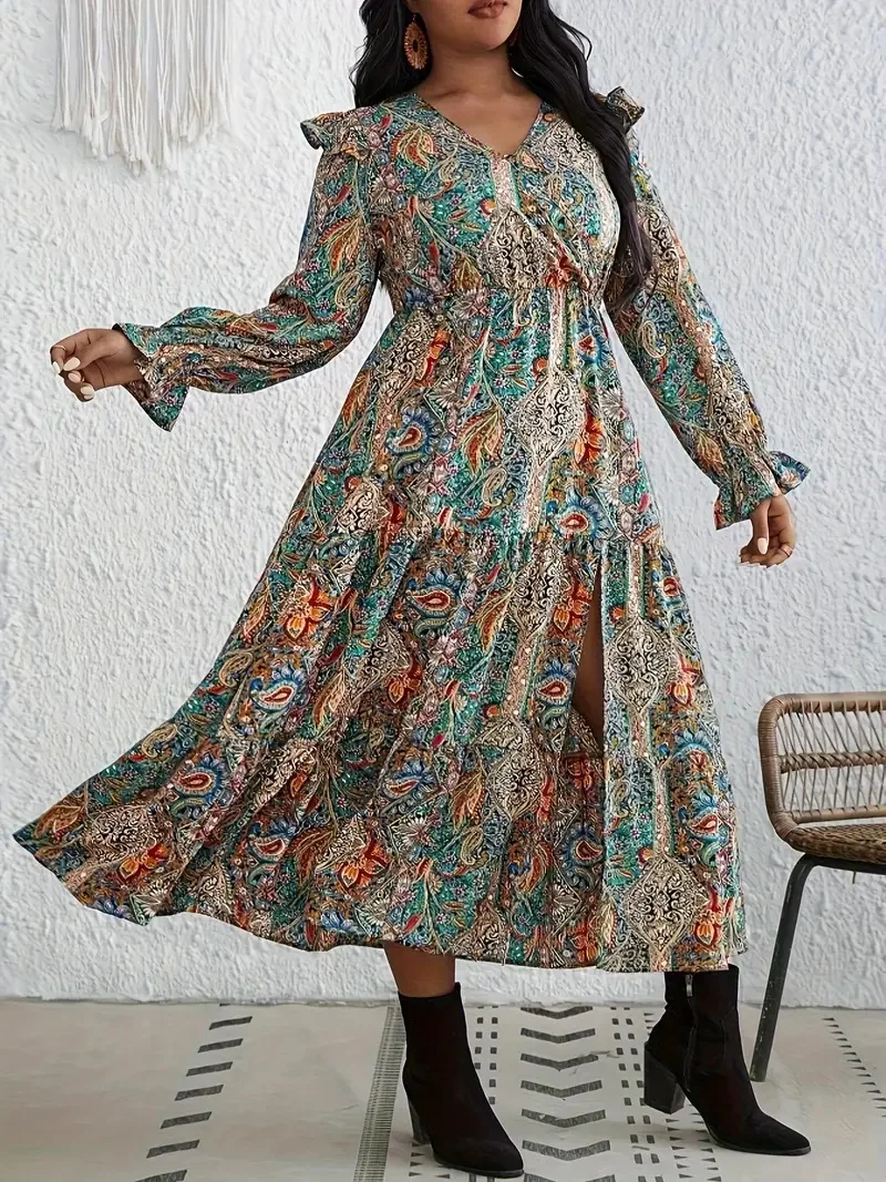 GIBSIE Plus Size Ethnic Style Paisley Print Autumn Dress Women New Long Sleeve V-neck Ruffled Split Long Dresses Without Belt