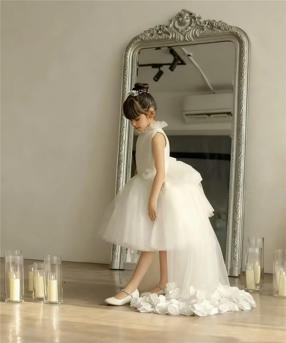 Maßgeschneidertes Blumenmädchenkleid für die Hochzeit, Blumenapplikation, bauschig, ärmellos, Tüll, Geburtstagsfeier, Baby-Erstkommunion-Ballkleid