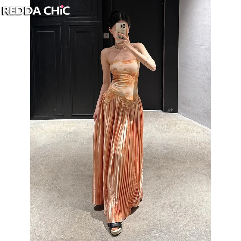 ReddaChic Satin Patchwork Pleated Party Gown Women Corset Strapless Stitch Tie Dye Draped Formal Evening Dress Elegant Clothes