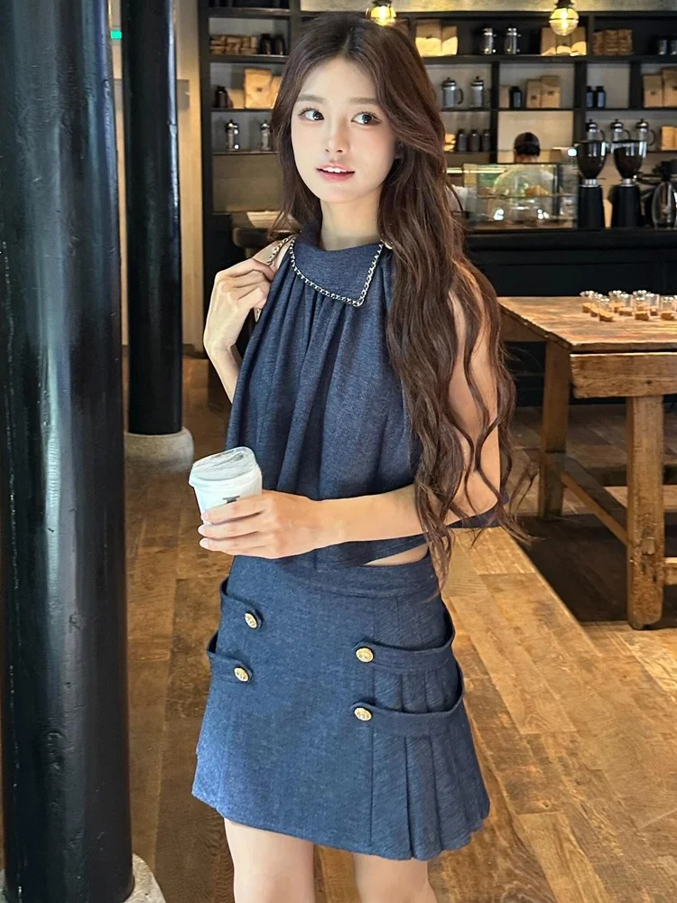 

Retro Denim Set Design Turn-down Collar Top Pleated Skirt Women's Fashion Ensemble Autumn New Arrival Chinese Manufacturer