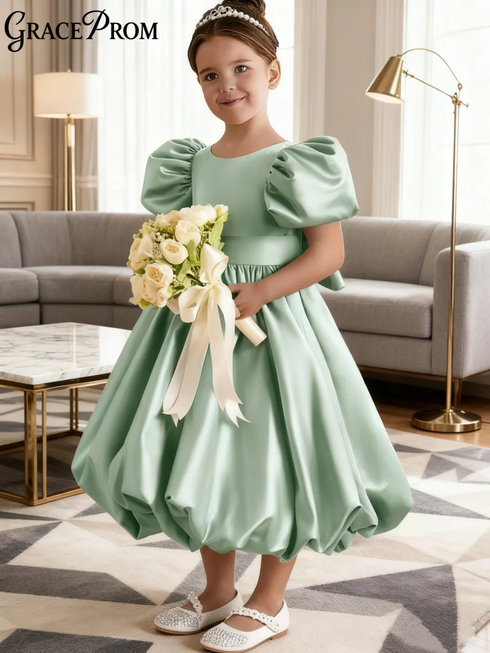 

Formal Satin Ring Girl Dress Girl Stage Show Dress Wedding Girl Princess Dress Elegant Short-Sleeved Floor-Length Party Gown