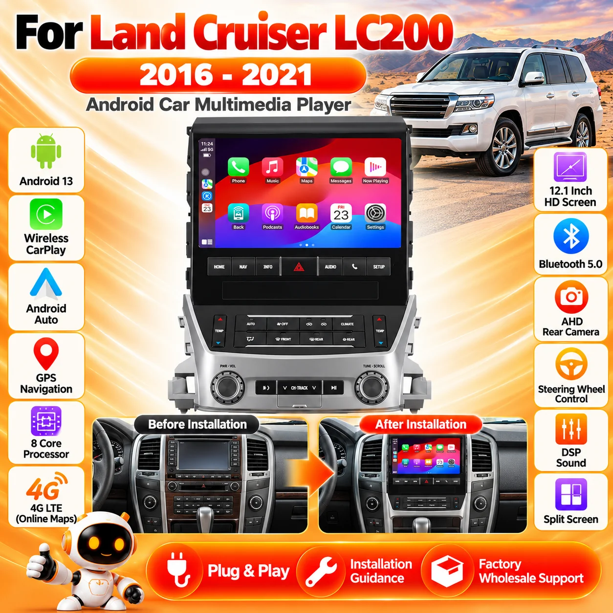 CarPlay GPS Navigation Android 13 4G WiFi Car Radio For Land Cruiser LC200 2016-2021 Touch Screen Multimedia Head Unit