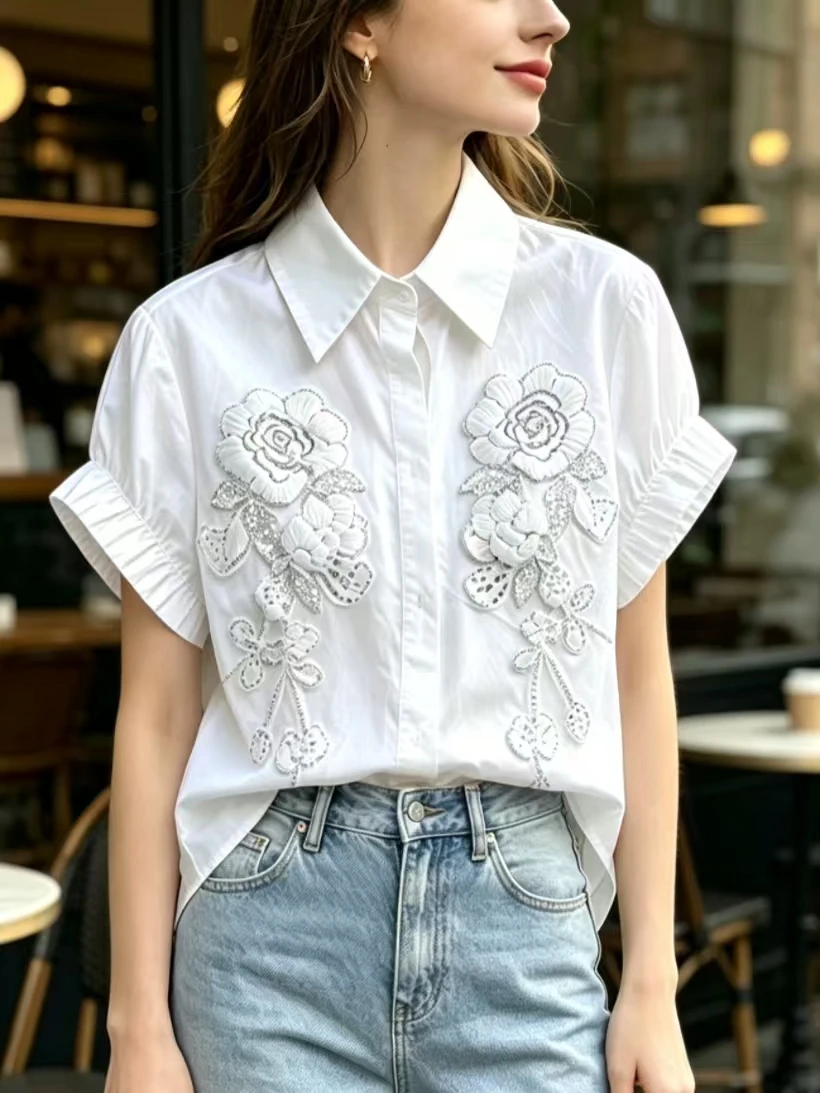 Unique Design Women's Summer Cotton Shirt Ladies White Blue Short Sleeve Shirts Blouses Tops Woman Clothes