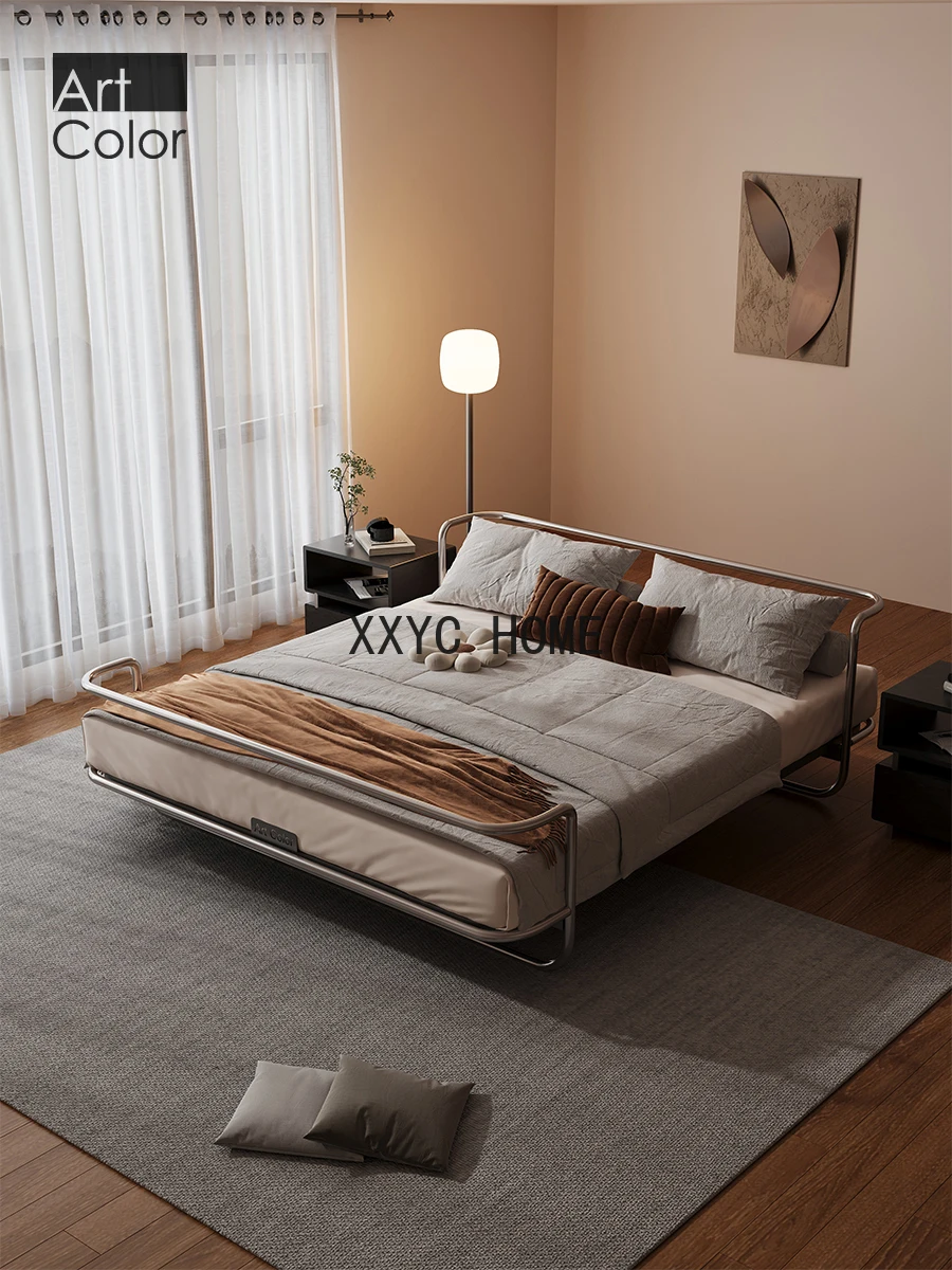 Stainless Steel Bed Iron Double Bauhaus Light Luxury Metal Antique Retro Bed in Master Bedroom