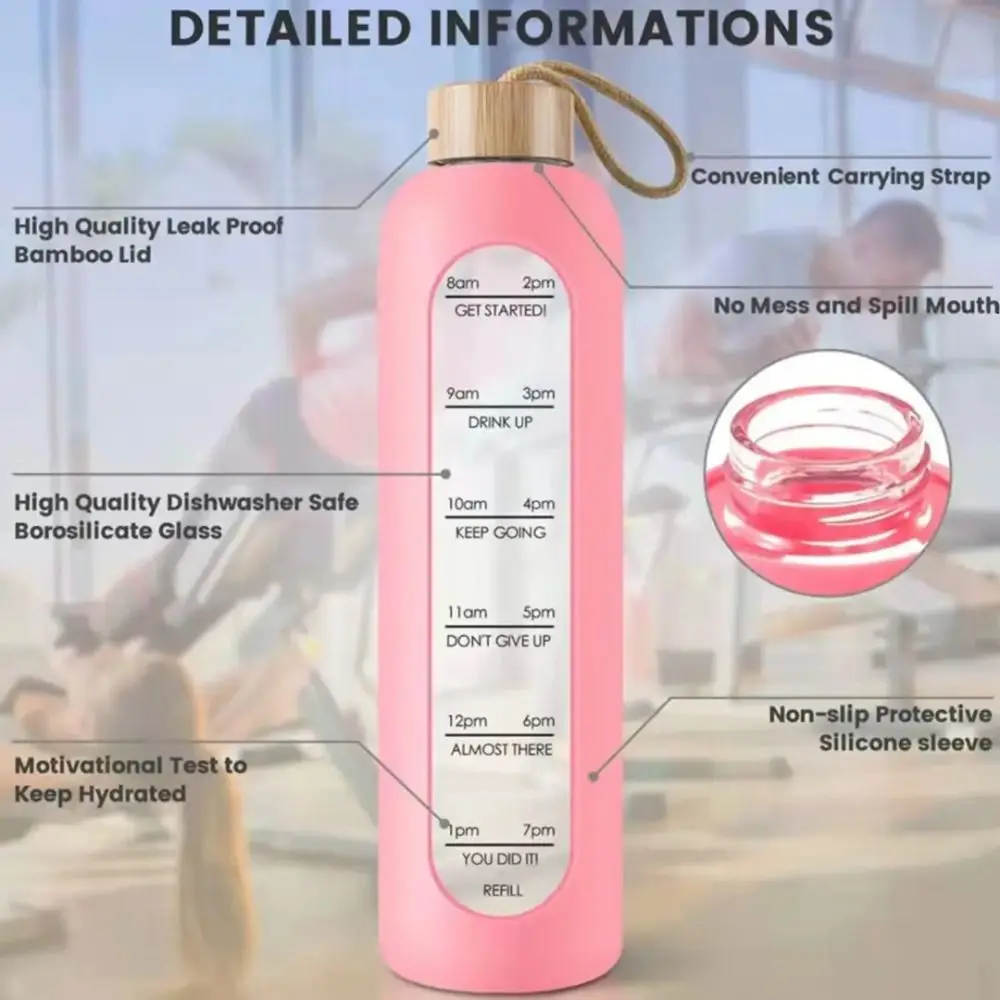 New Portable Time-marked Glass Water Bottles Free of Lead Bamboo Lid Drink Bottle Sport Silicone Sleeve Sports Water Cup