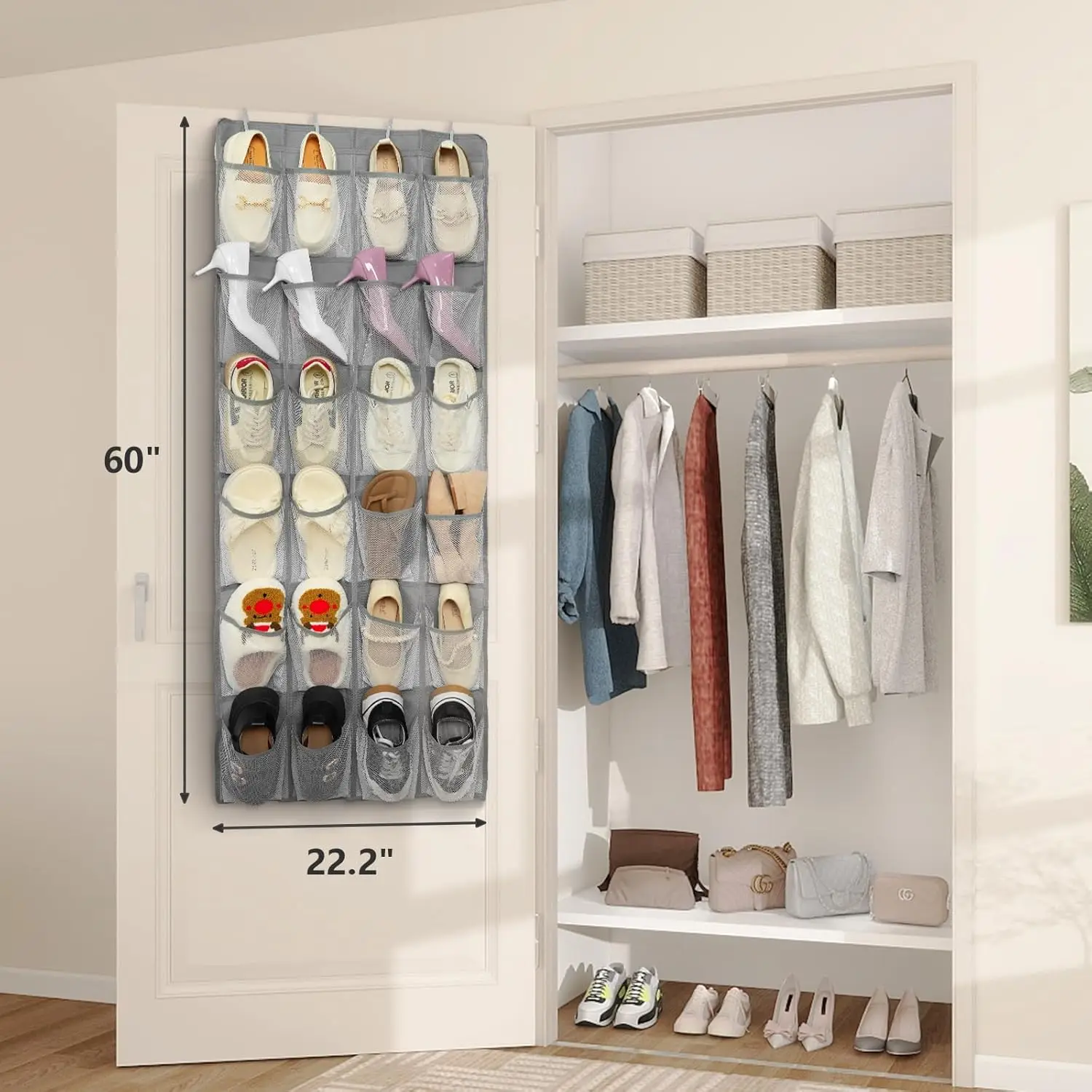 Organisateur de chaussures au-dessus de la porte à 24 poches, rangement en maille peu encombrant pour placards et appartements, gris