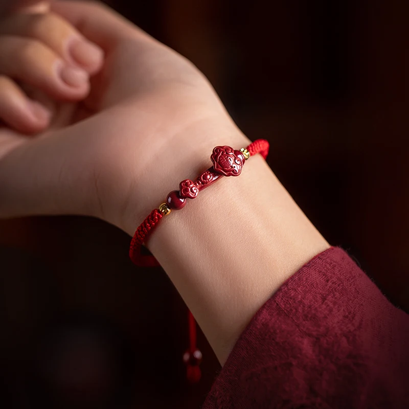 High Quality Natural Cinnabar Auspicious Ruyi Carving Hand Weave Lucky Red Rope Bracelets Buddha Cinnabar Charm Bracelet Bangle