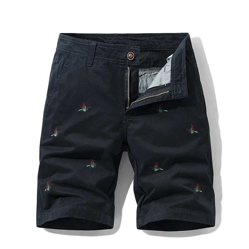 Classic Summer Embroidery Design Men's Casual Shorts Korean Style Fashion Cotton Straight Cargo Green Short Pants Male