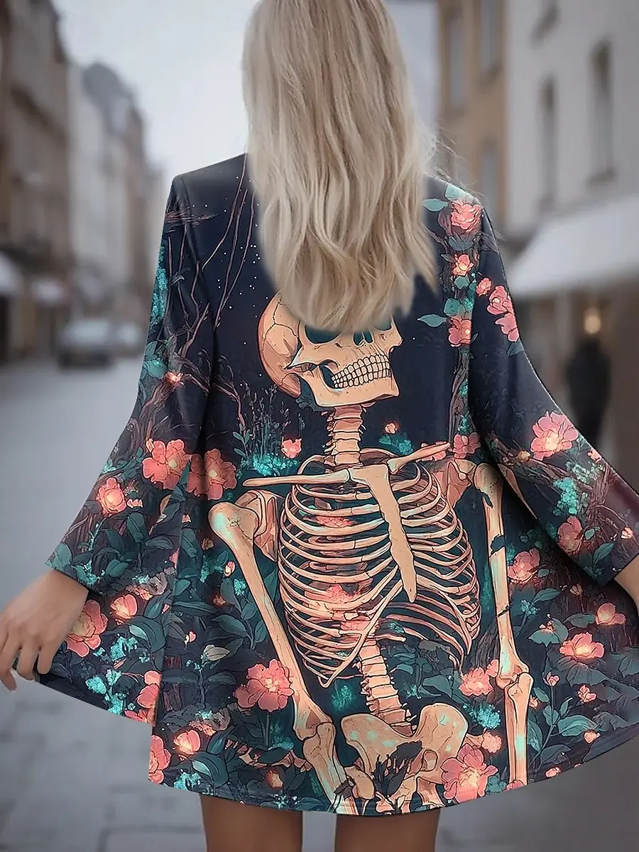 

Halloween Women's 3D Print SKULL Long Sleeve Cardigan, Polyester Open Front, Lightweight Cover Up,Spring Autumn Casual Coat