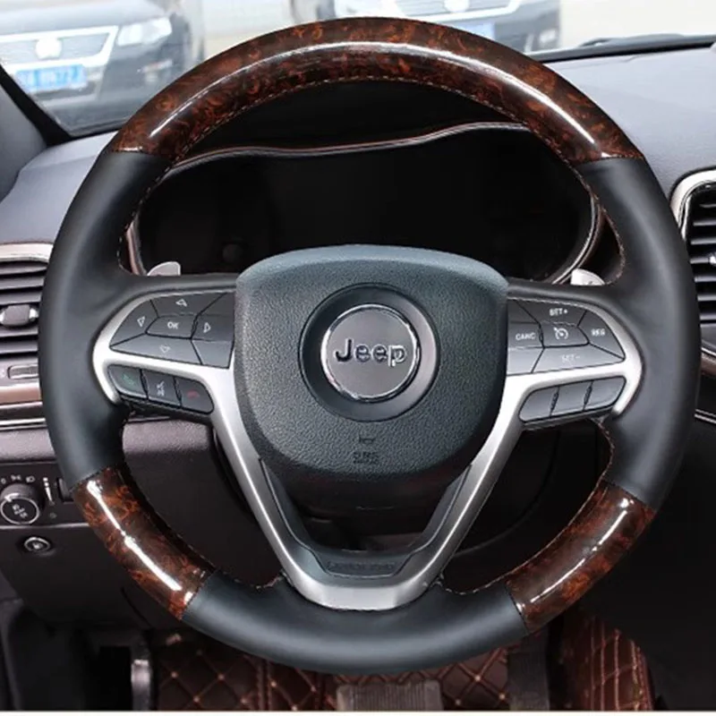 

DIY Hand-stitched genuine leather peach wood grain car steering wheel cover For Jeep Grand Cherokee 2014-2018