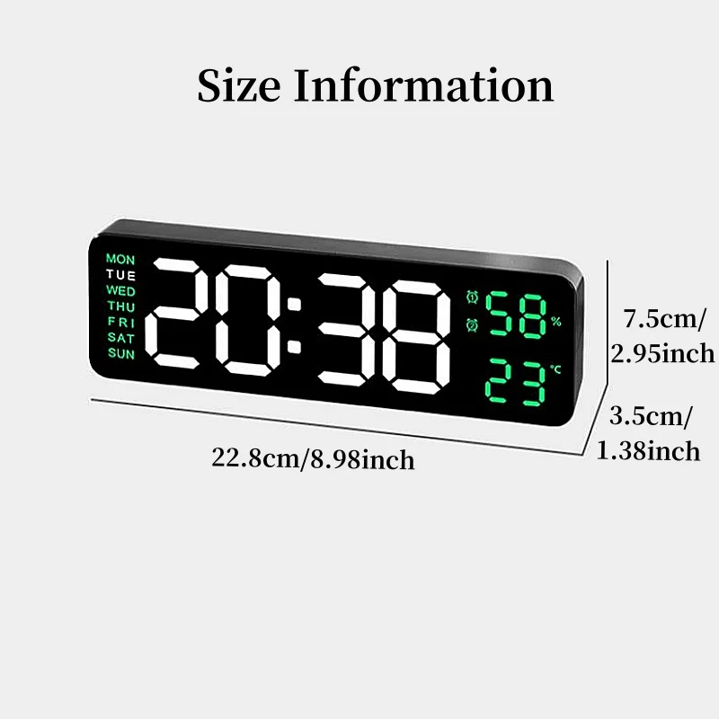9-Zoll-große digitale Wanduhr, USB-betrieben, TEMP, Luftfeuchtigkeit, Woche, automatischer Dimmer, DST-Tischuhr, 12/24 Stunden, elektronischer LED-Wecker – Detail 1