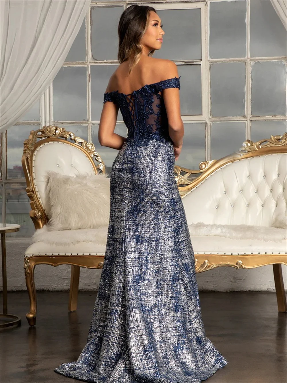 Elegant off-shoulder short-sleeved A-line Prom Dress 2024 Classic sequined Evening Dresses Charming floor-length Gown Vestidos