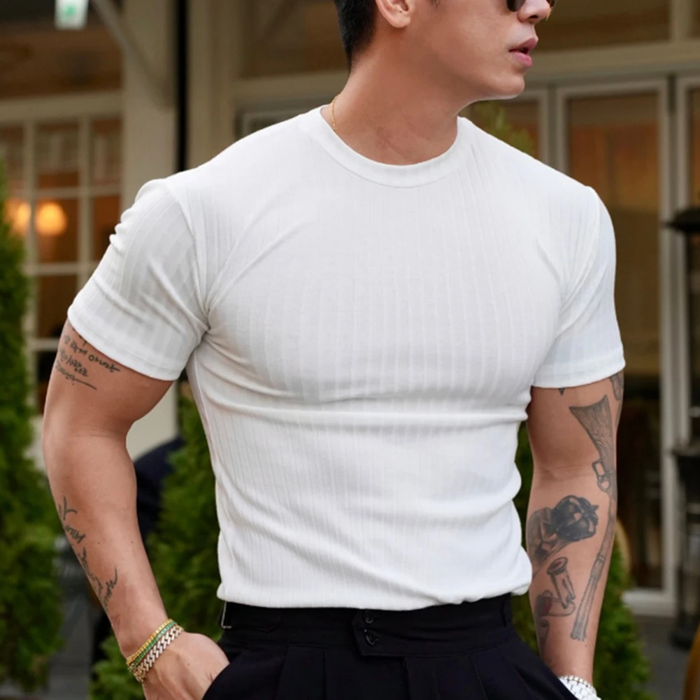 

High Quality Men T-shirt Tops Fashion Knitted M-3XL O-Neck Short Sleeve Solid Color Sports Summer Vertical Stripe