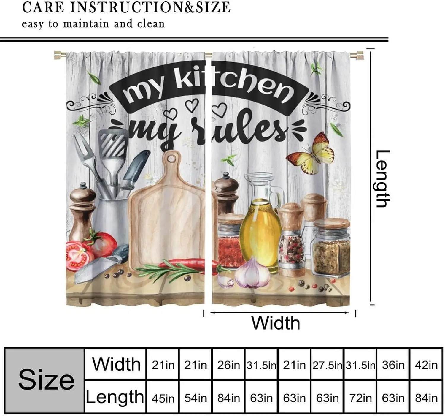 My Kitchen My Rules Watercolor Cooking Utensil Print Blackout Rod Pocket Curtain Farmhouse Vintage Kitchen Rest Bay Window