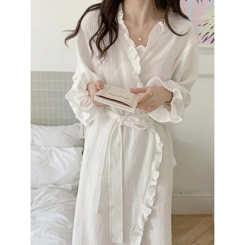 Korean Instagram Women’s Autumn New KoreanStyle Gauze Robe Cardigan with Drawstring Comfortable Home Wear Set Including Hair Tie