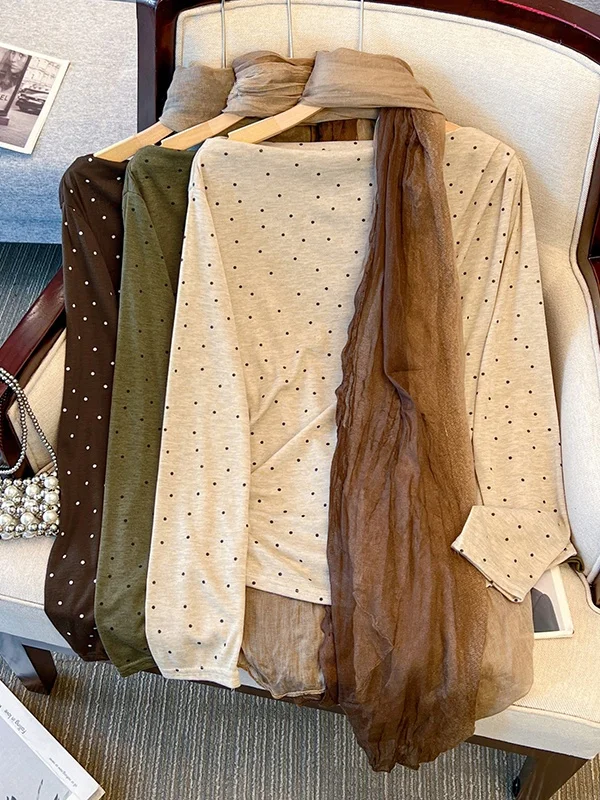 Korean Style Polka Dot Print Long Sleeve Shirt Women Early Autumn Slimming Scarf Matching Unique Top Fashionable Versatile Sm...