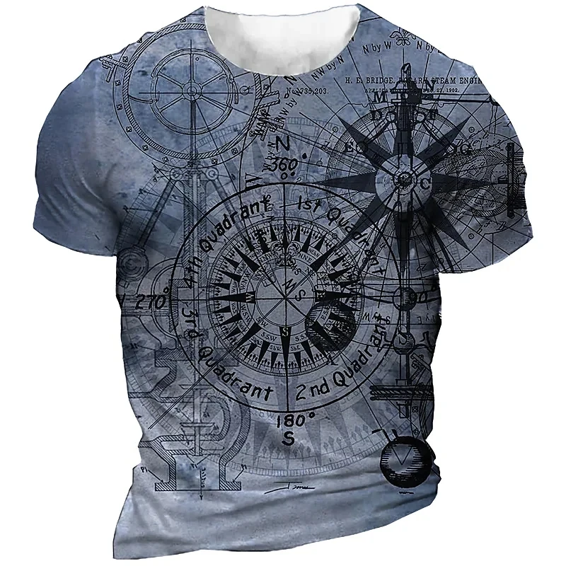 Vintage Compass T Shirt Men 3d Print Navigation Compass Men's Crew Neck Short Sleeve Oversized Tops Tee Shirt Homme 6xl Camiseta