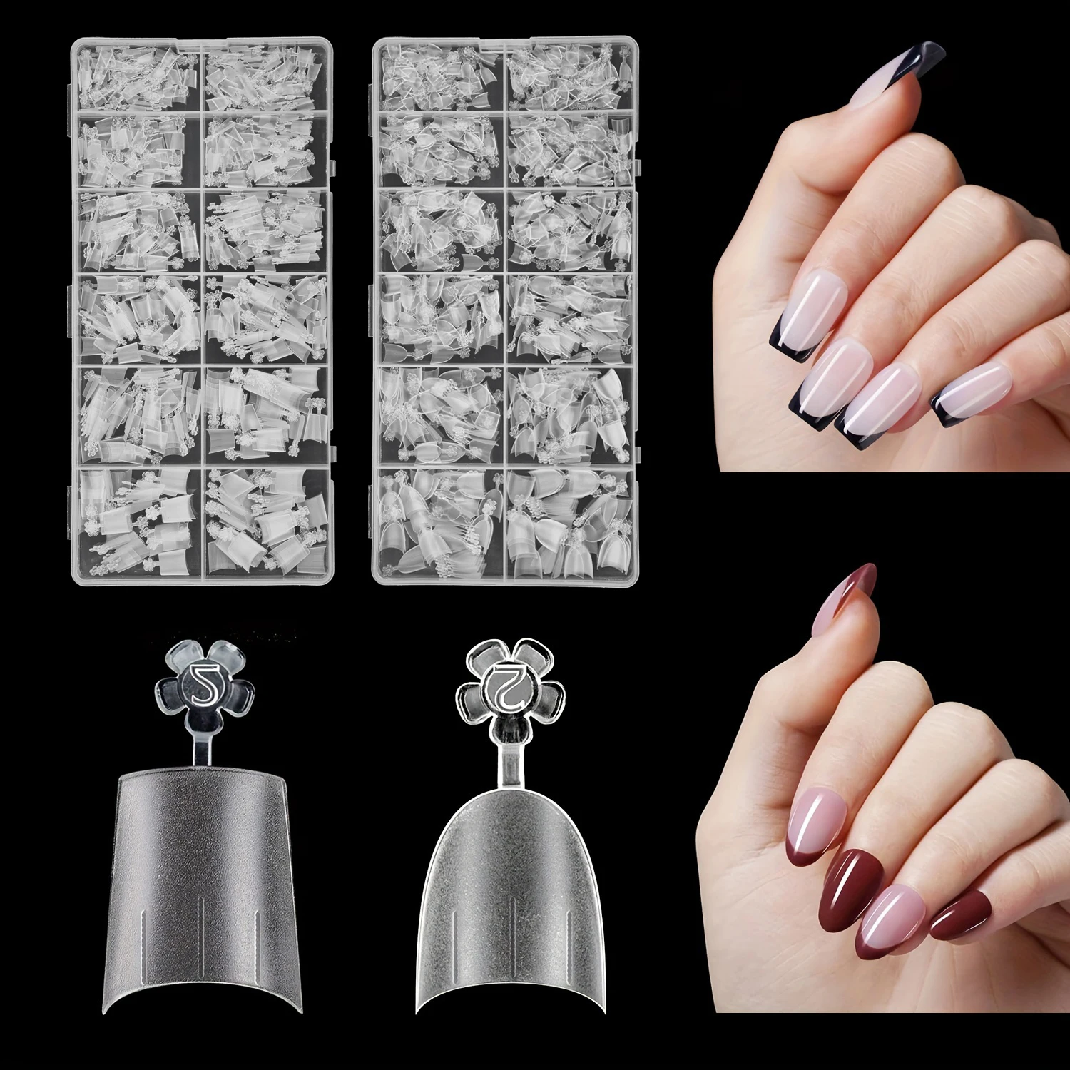 600pcs Guiding Line Short Coffin/Oval Nail Tips 15 Sizes ABS Clear Half Cover Nail Tips False Gel Nail Tips Fake Matte Nail Tips