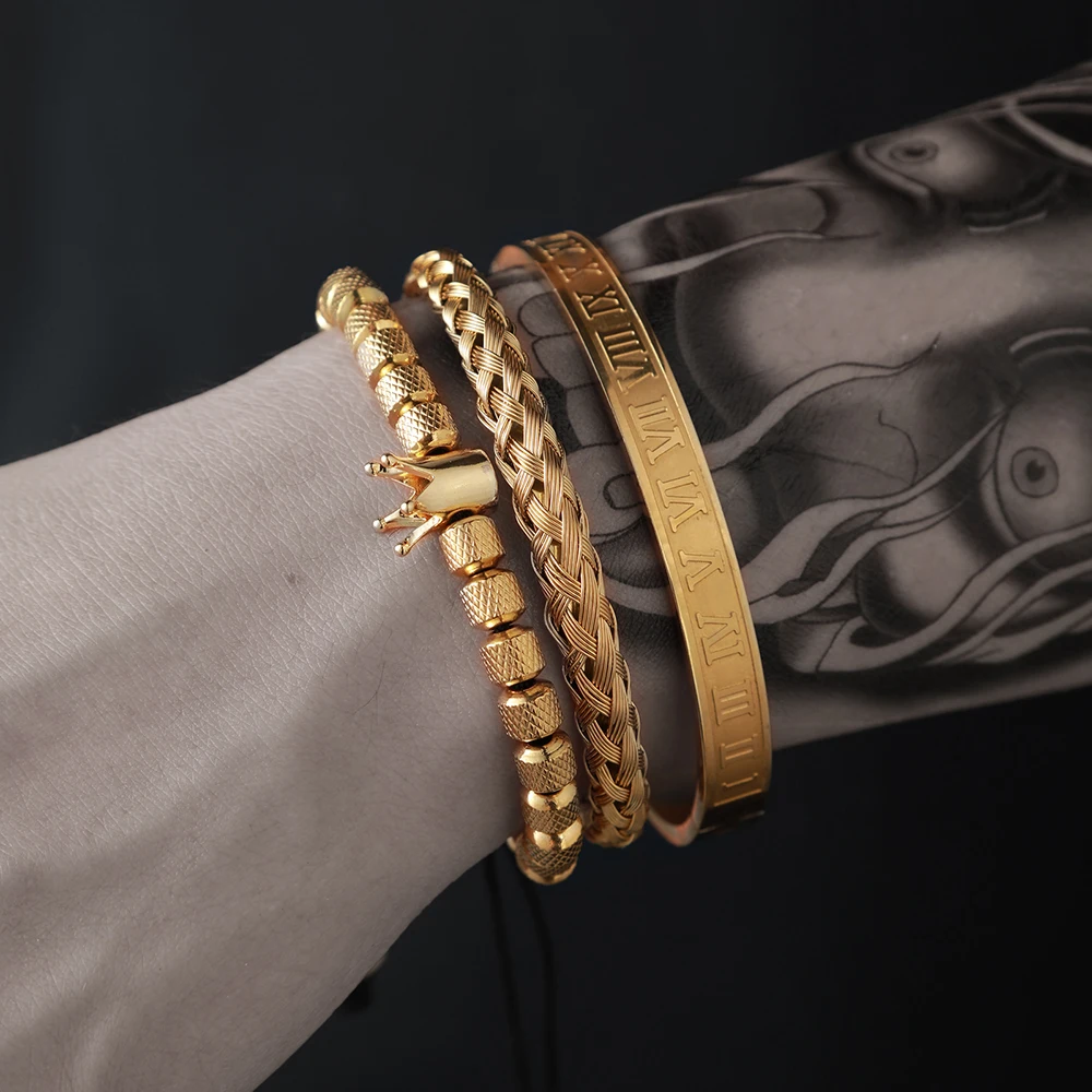 

3pcs Luxury Beads Royal Crown Charm Men Bracelets Sets Stainless Steel Braiding Bangles Couple Handmade Women Jewelry Gift