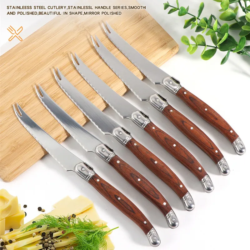 

2/4/6/8pcs Laguiole Pronged Cheese Knife Pizza Cutter Cheese Tools High-end Pakka Wood Stainless Steel Sharp Blade Steak Knives