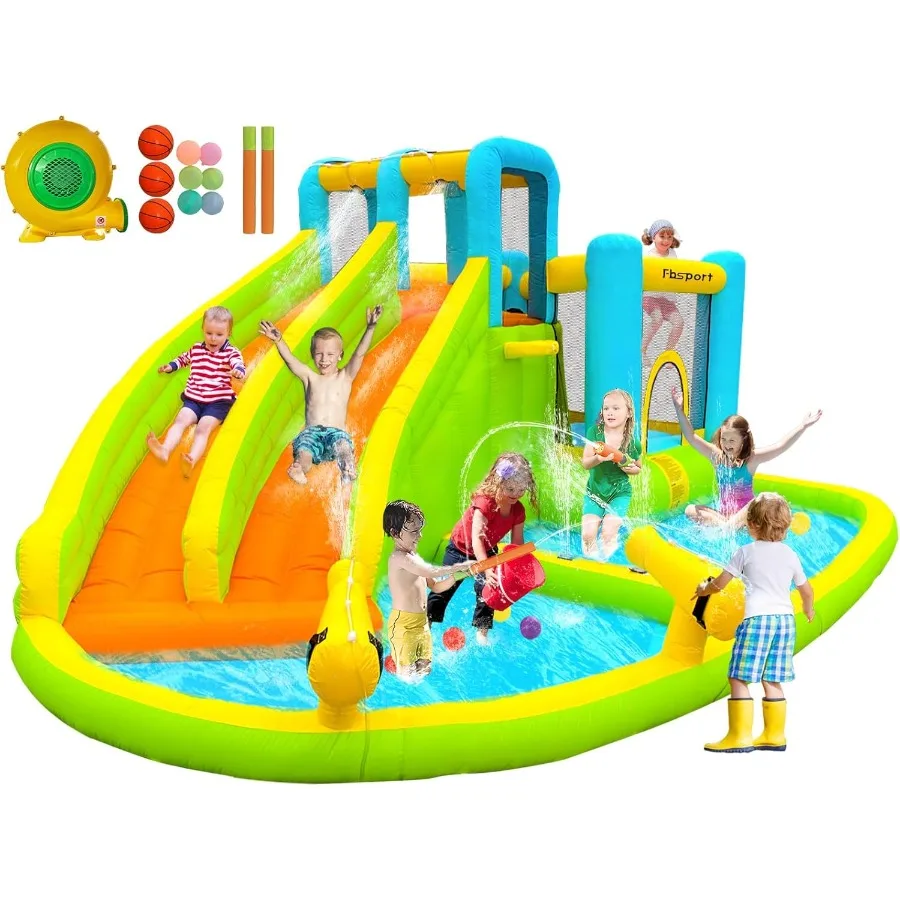 

FBSPORT Inflatable Bounce House Water Slide Park Bouncer Castle with 2 Slides and Double Cannon Climbing Wall Bouncy Castle wit