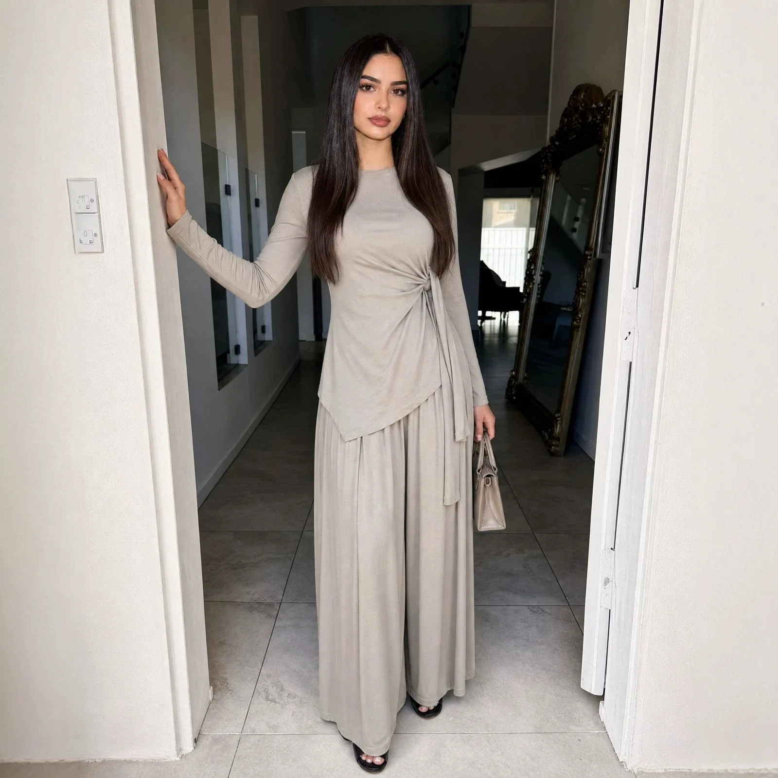 Modest 2 Piece Set Muslim Women Long Sleeve Top Pants Outfit Blouse Trousers Dubai Abaya Turkey Kaftan Femme Musulmane Ensembles