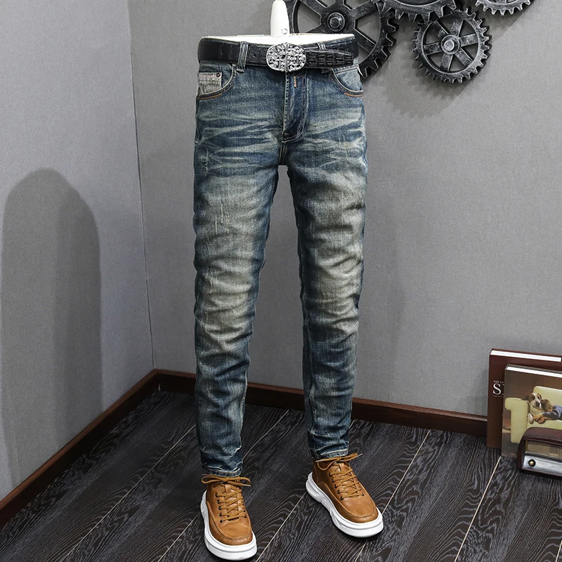 Italian Style Fashion Men Jeans High Quality Retro Washed Blue Stretch Slim Fit Ripped Jeans Men Vintage Designer Denim Pants