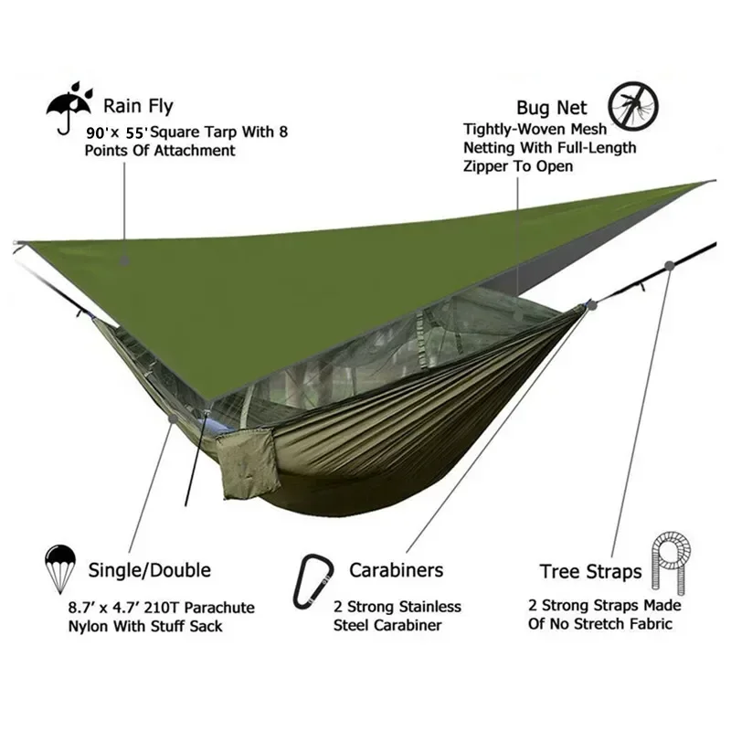 Rede de acampamento com mosquiteiro, barraca de arco-íris, lona e alças de árvore, barraca de rede de nylon portátil para acampamento, caminhadas,