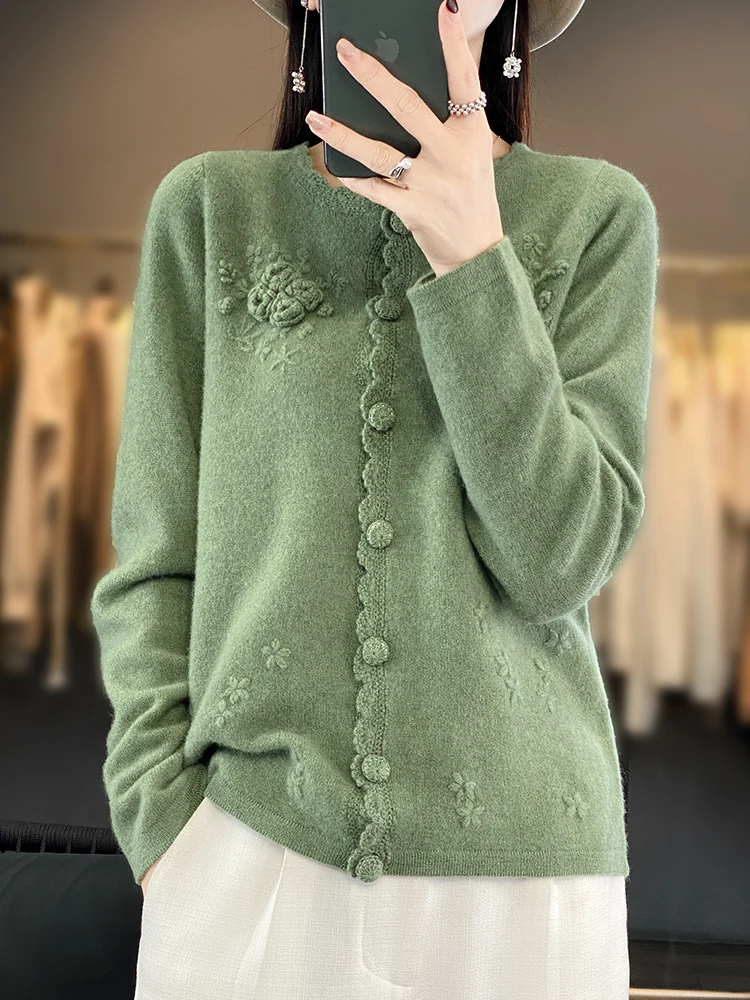 Grace Women Wool Cardigans Lace O-neck Cashmere Sweater Flowers Spring Autumn 100% Merino Wool Knitwear Odzież z długim rękawem Top