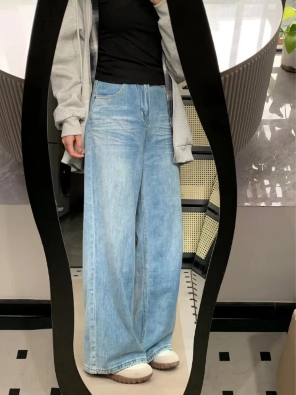 

Light Wash High Waist Wide Leg Jeans Women's Small Size Loose Fitting Slimming Drapey Straight Cut Floor Length Trousers