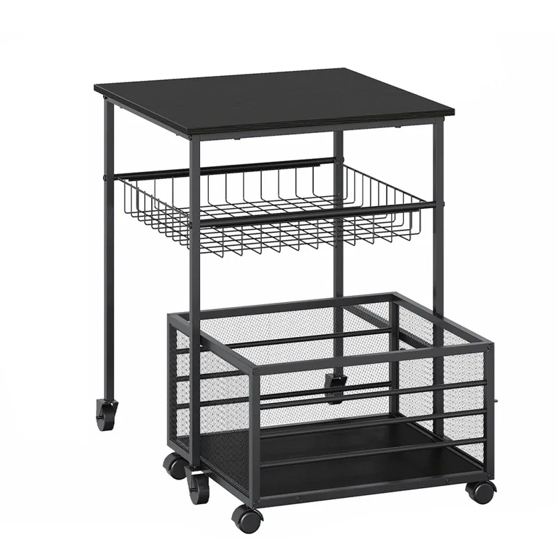 Carrello portatutto con supporto per mini frigorifero, ideale per conservare bevande, vino e altri prodotti, con piano in legno massello, struttura in metallo, cassetto estraibile con cesto a rete,
