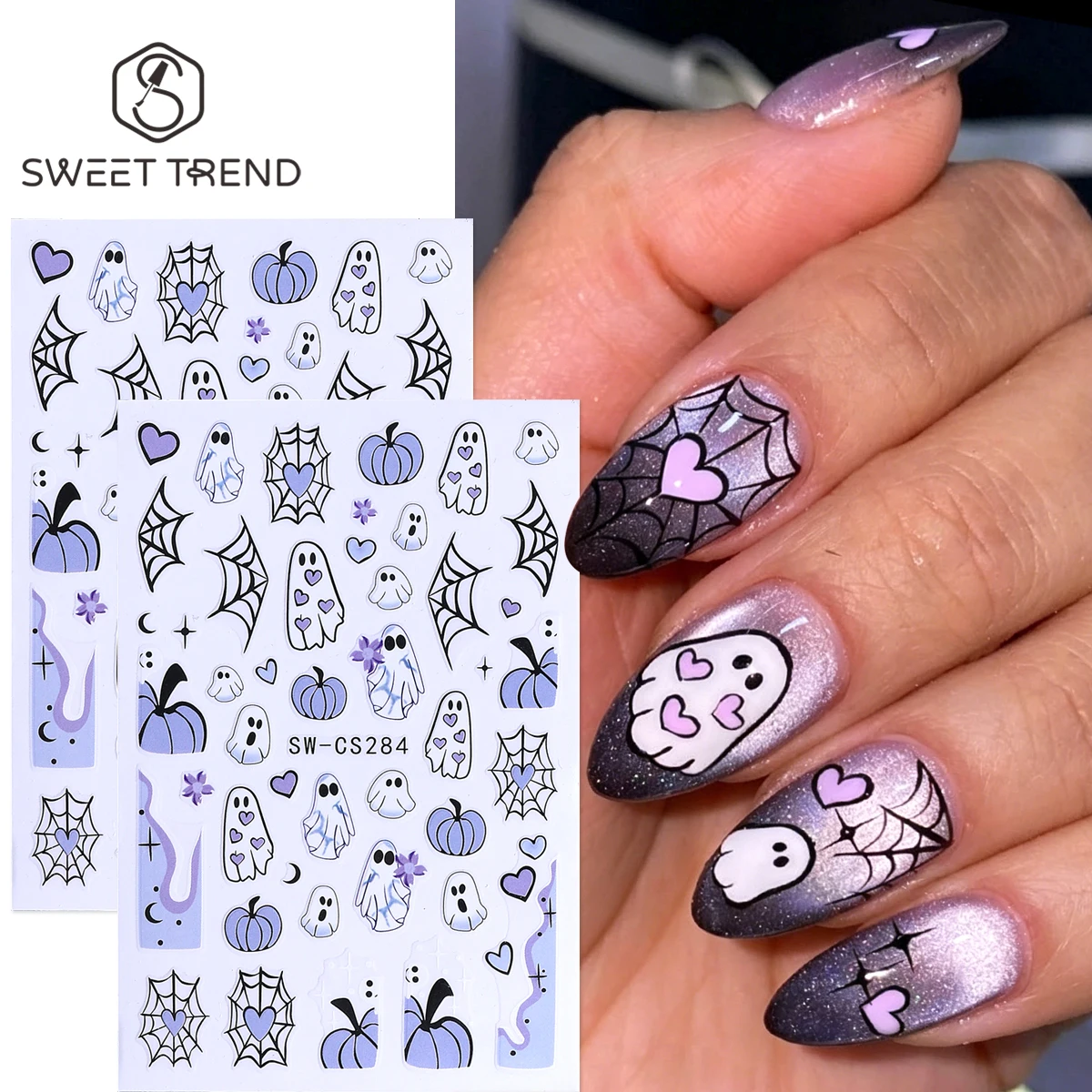 2pcs Adorable Ghost Nail Stickers 3D Purple Love Heart Spider Web Pumpkin Element Decal Halloween Holiday Manicure Sliders Decor